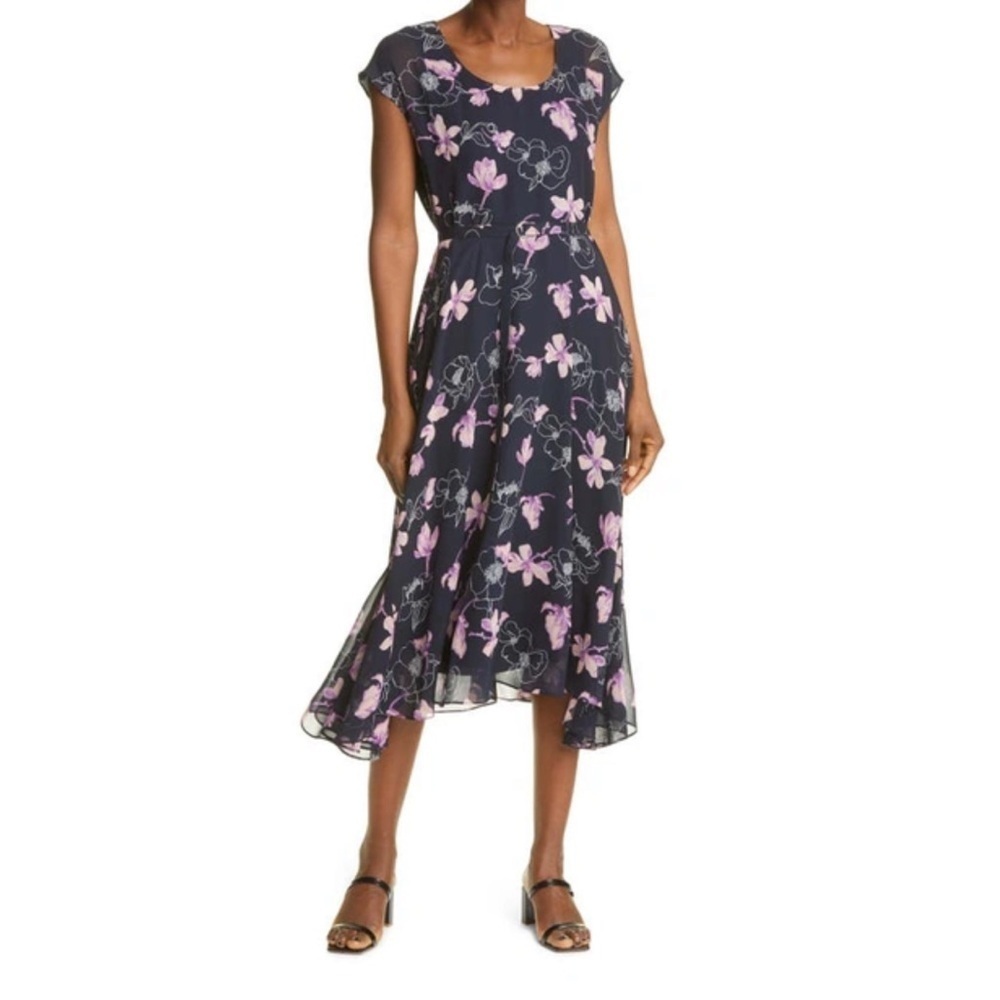CLUB MONACO Purple Floral Silk Cocktail Flowy Belted Midi Dress